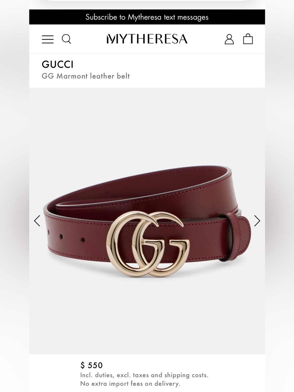Gucci GG Marmont Leather Belt in Bordeaux with Gold Hardware